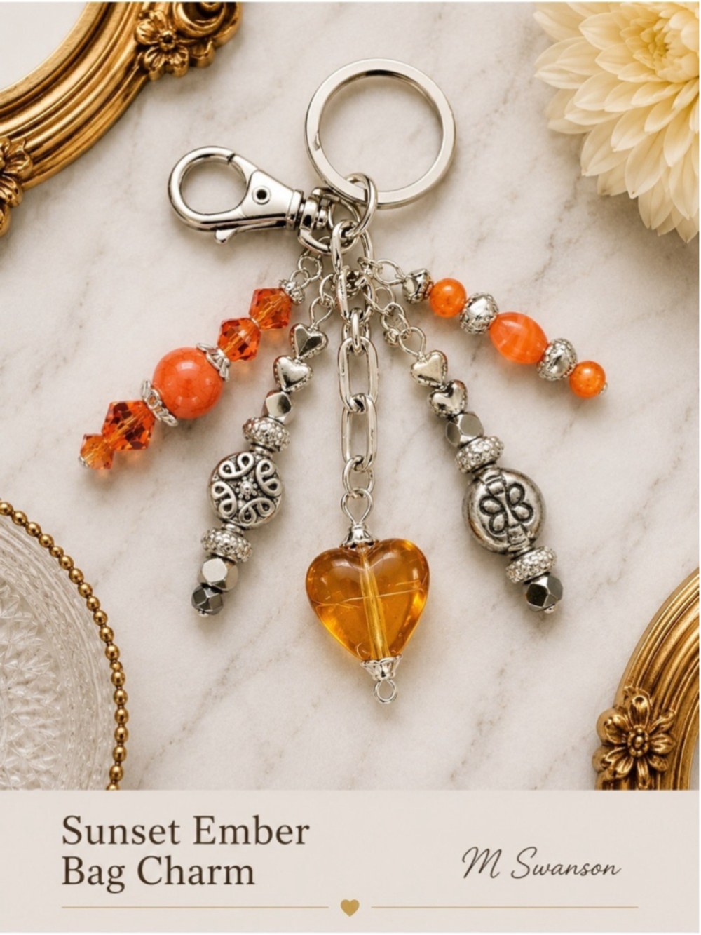 NEW Autumn Ember Handmade Beaded Bag Charm Keychain Orange Heart & Silver (#14)